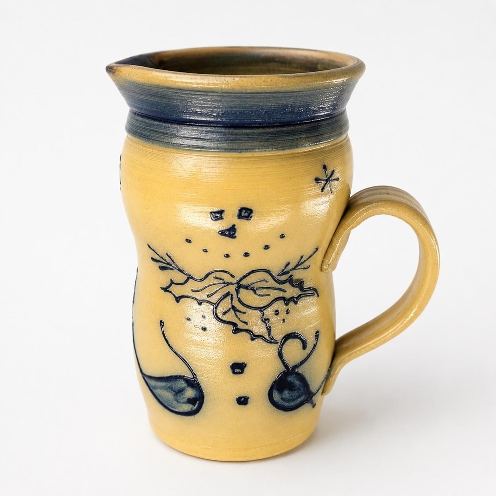 Handcrafted Snowman Stoneware Pitcher Folk Art Pottery Creamer Blue Tan Rustic